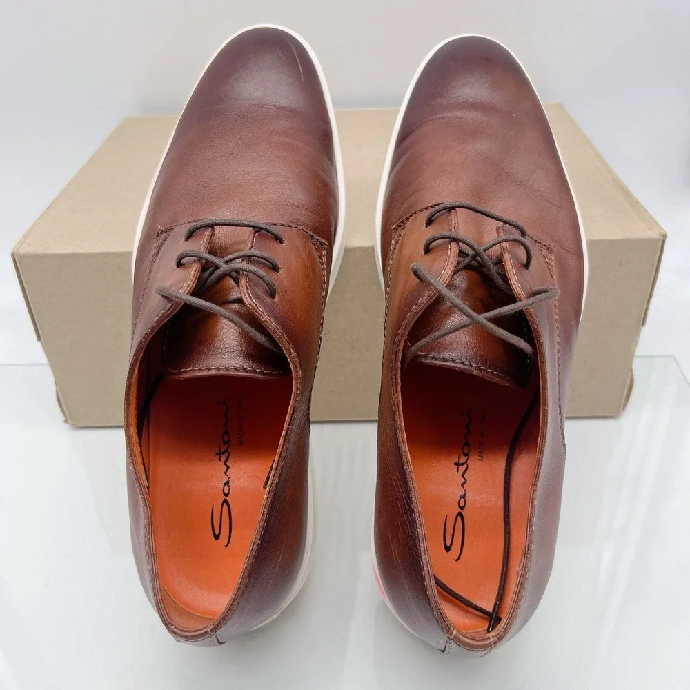 Santoni Atlantis Lace Up Plain Toe Dress Sneakers Shoes Dark Brown Leather US 8
